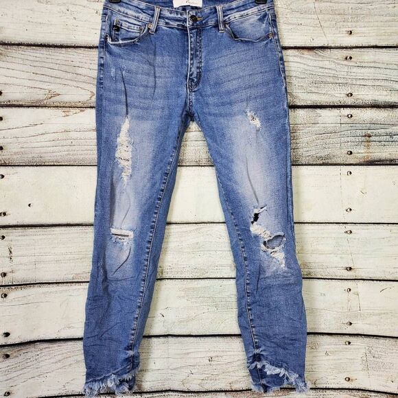 KanCan Women’s Distressed Skinny Jeans Size 11/29 Blue Raw Hem - Picture 1 of 10